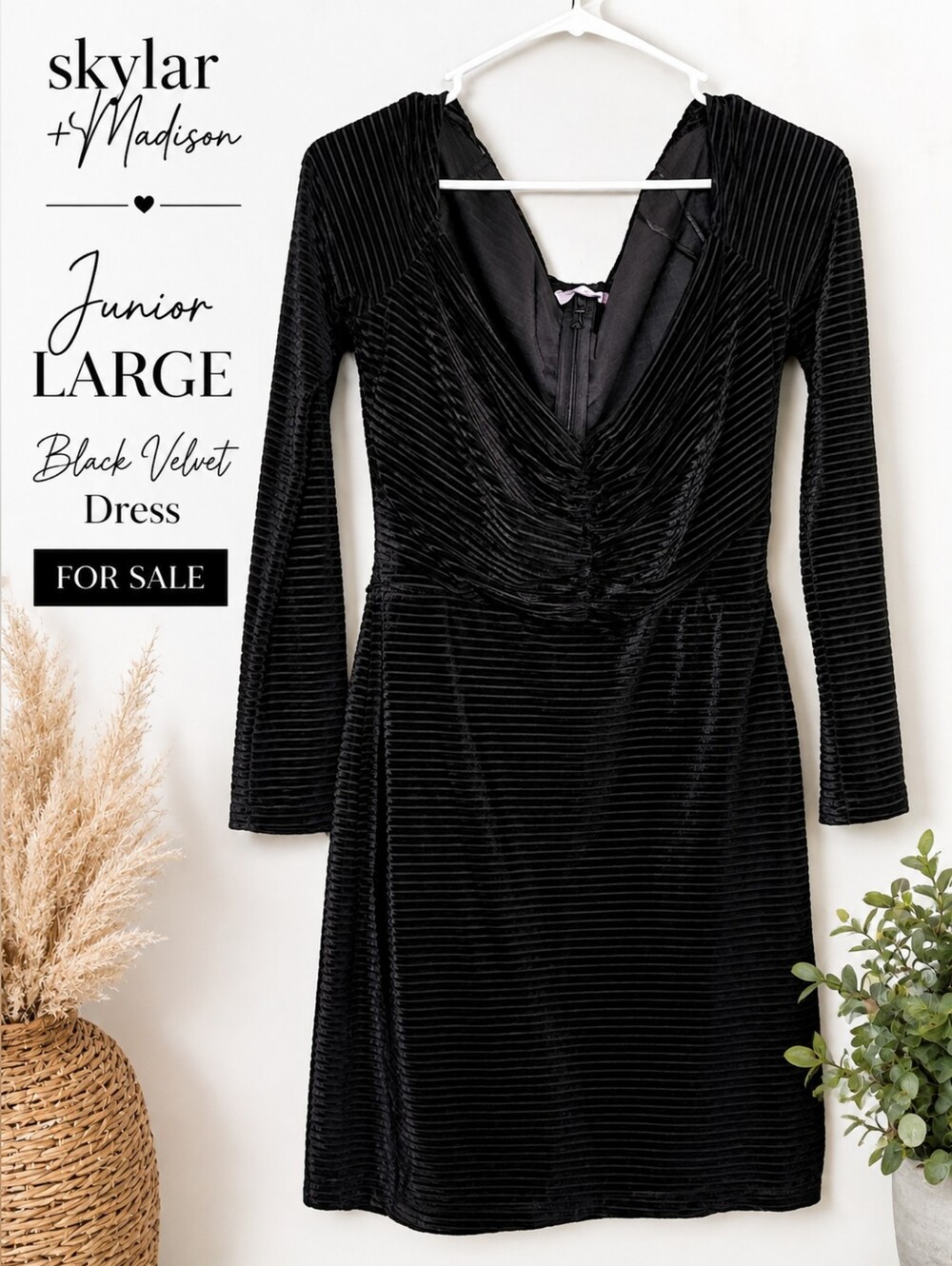 Skylar + Madison Black Ribbed Velvet Long-Sleeve Dress